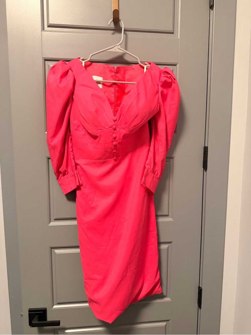 LanTing Bridal Hot Pink Puff-Sleeve Midi Dress - Elegant V-Neck